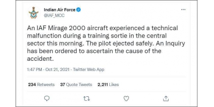 印軍一架幻影2000墜毀 飛行員彈射生還